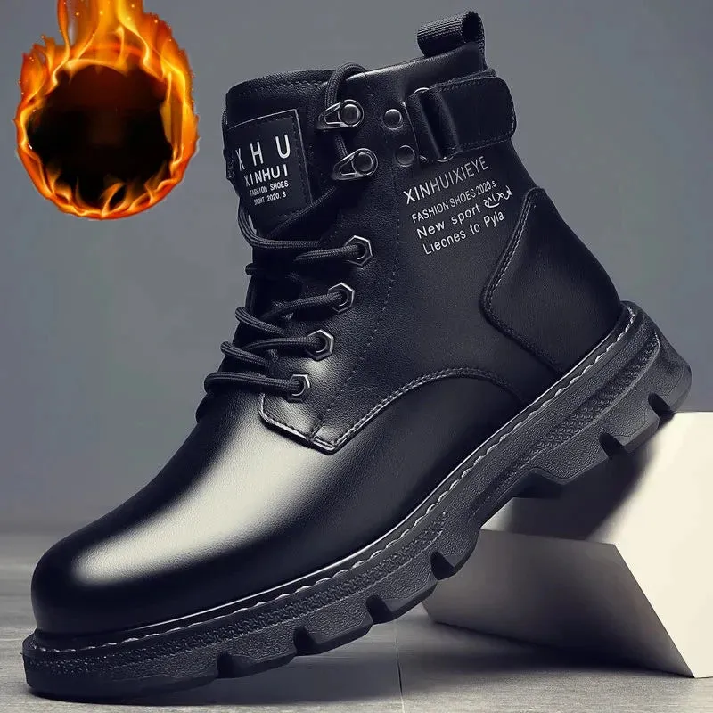 Hnzxzm 2024 Men Leather Shoes High Top Fashion Winter Warm Snow Shoes Motorcycle Ankle Boots Couple Unisex Boots Zapatos De Hombre