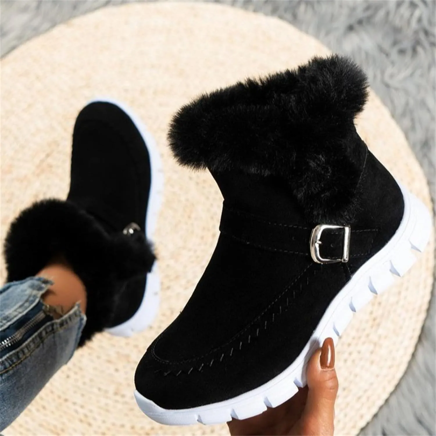 Lausiuoe Boots For Women Ankle Booties Warm Snow Winter Boots Casual Fashion Trendy Comfort Slip On Fur Lined Loafers Shoes