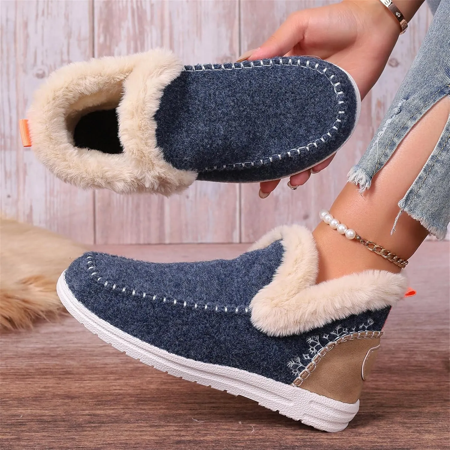 Lausiuoe Boots For Women Ankle Booties Warm Snow Winter Fuzzy Booties Flat Cute Silp On Comfortable Casual Loafers Shoes 2024