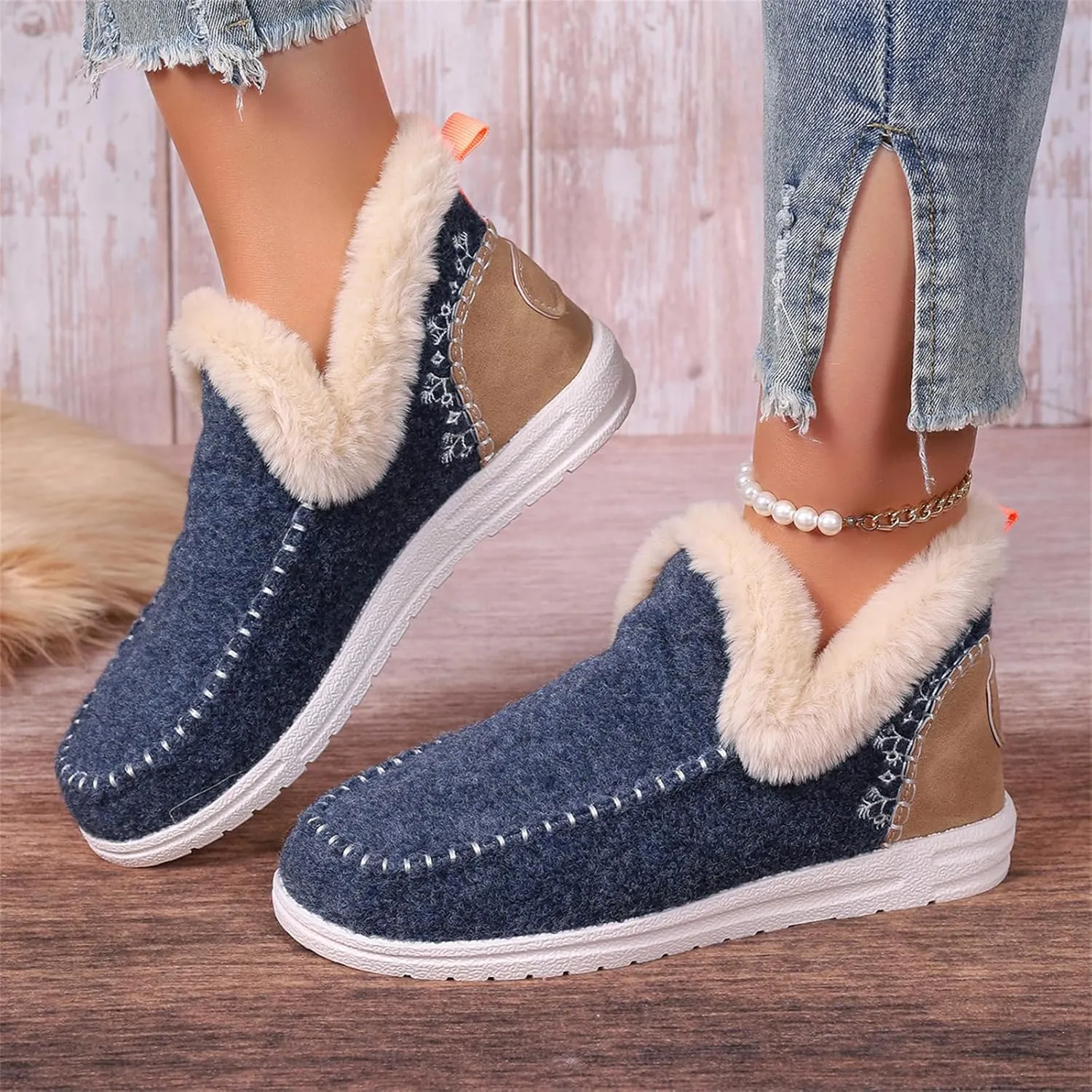 Lausiuoe Boots For Women Ankle Booties Warm Snow Winter Fuzzy Booties Flat Cute Silp On Comfortable Casual Loafers Shoes 2024