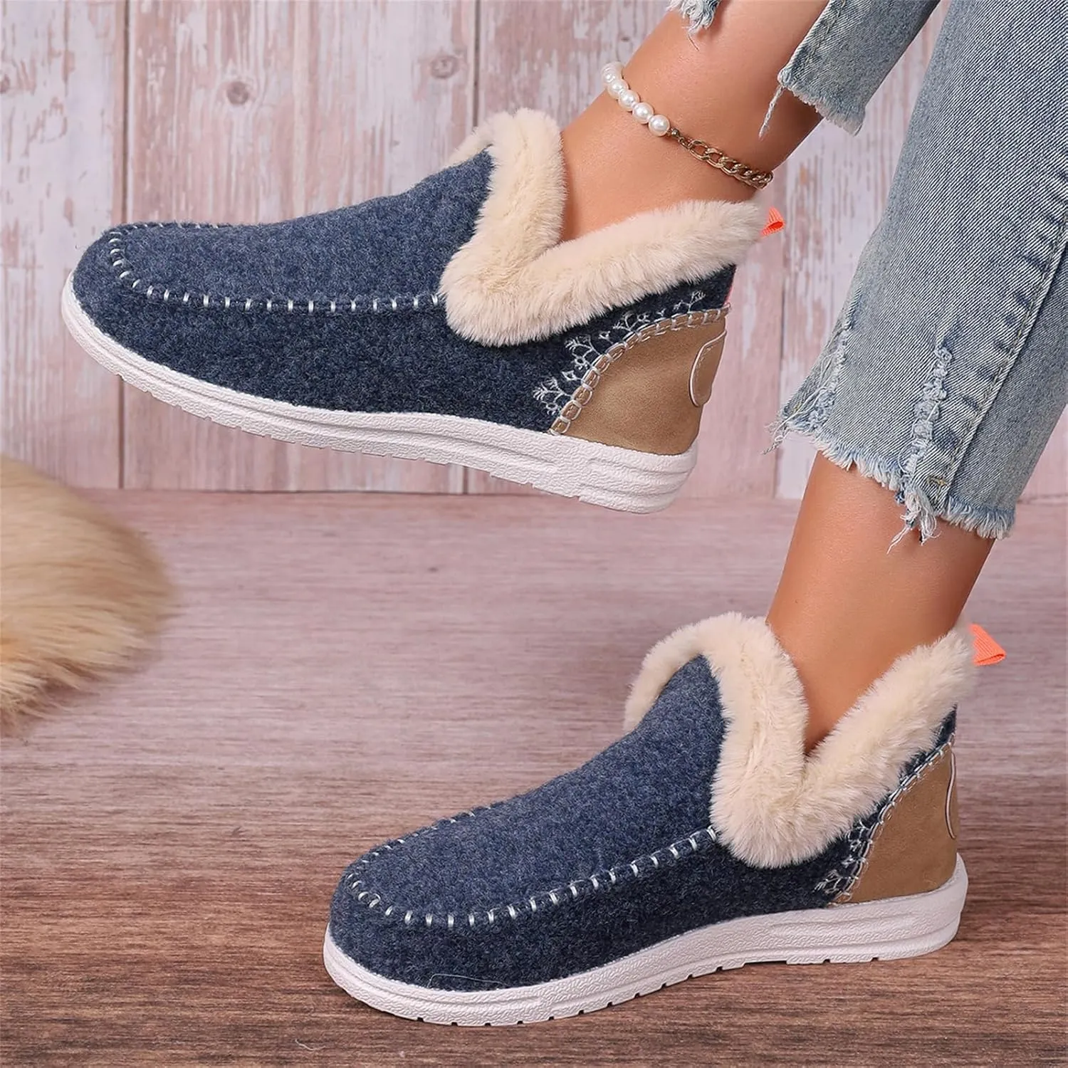 Lausiuoe Boots For Women Ankle Booties Warm Snow Winter Fuzzy Booties Flat Cute Silp On Comfortable Casual Loafers Shoes 2024