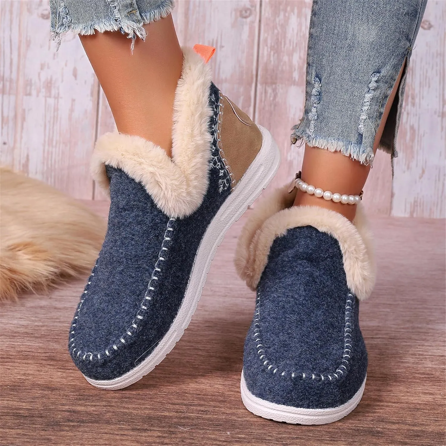 Lausiuoe Boots For Women Ankle Booties Warm Snow Winter Fuzzy Booties Flat Cute Silp On Comfortable Casual Loafers Shoes 2024