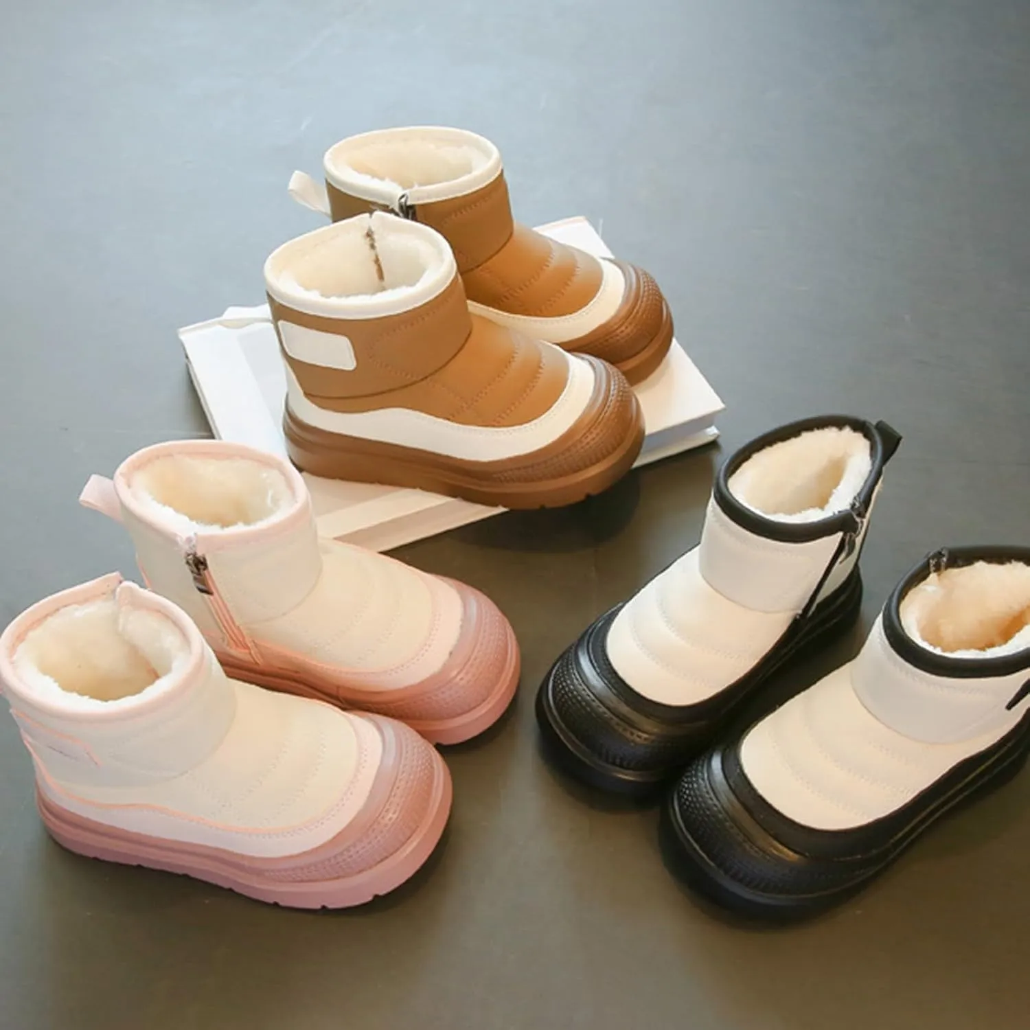 Leather Soft Sole Snow Booties Shoes For Toddler Side Zipper Flat Shoes Boots Kids Unisex Fleece Fuzzy Lined Warm Shoes