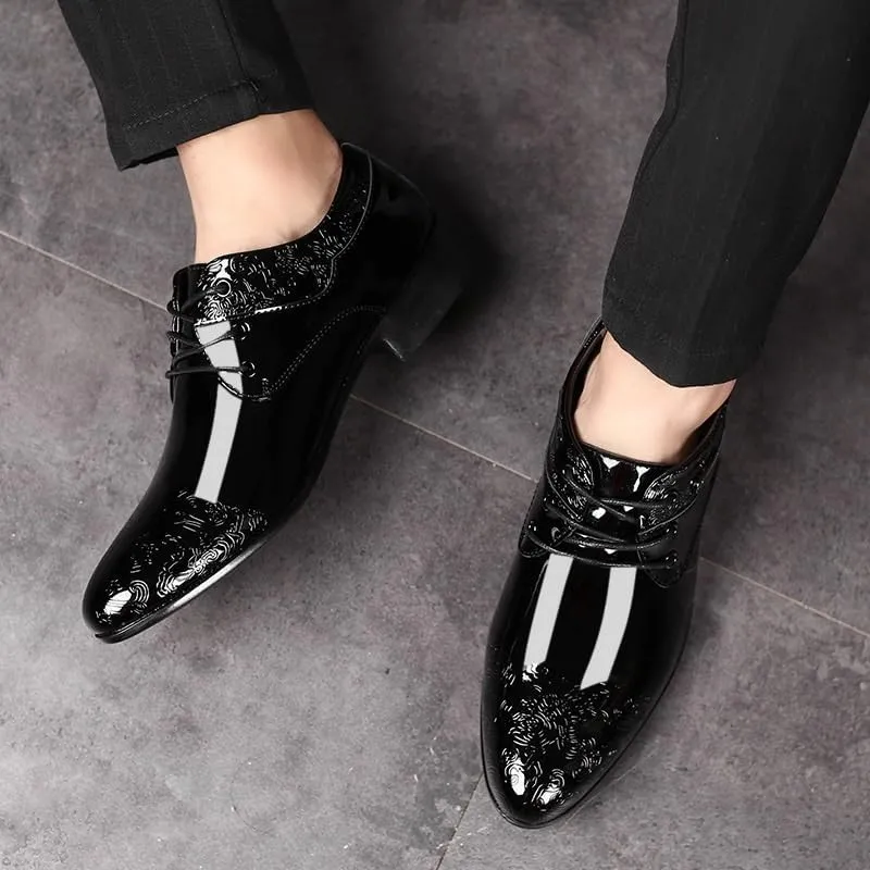 Men's Classic Retro Brogue Shoes Fashionable Wedding Party Dress Leather Shoes Black Elevator Lace-Up Business Oxfords