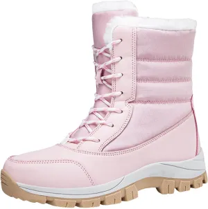 Snow Boots for Women Mid Calf Winter Boots Waterproof Fully Fur Lined Booties Slip on Fleece Ankle Boots Lace Up Ladies Lightweight Walking Hiking Boots