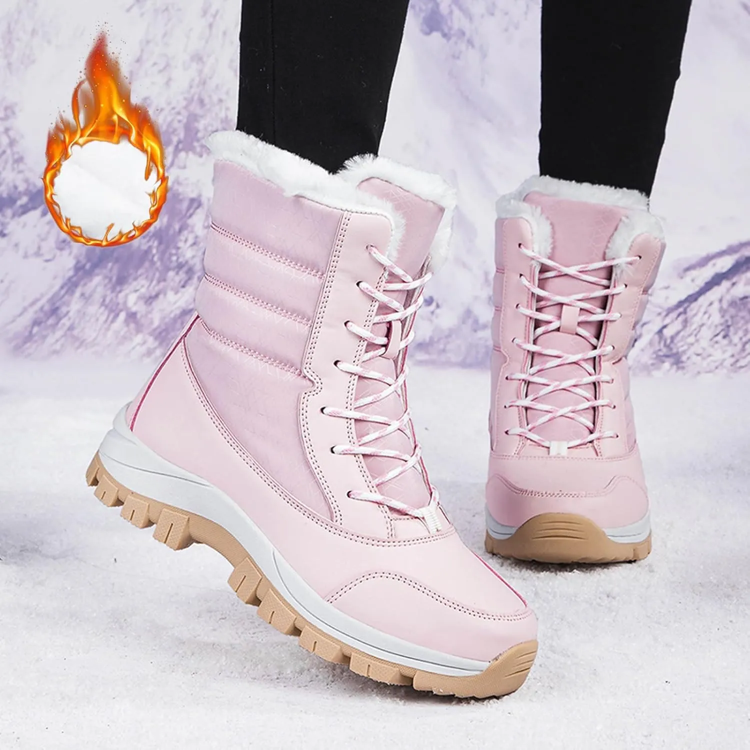 Snow Boots for Women Mid Calf Winter Boots Waterproof Fully Fur Lined Booties Slip on Fleece Ankle Boots Lace Up Ladies Lightweight Walking Hiking Boots