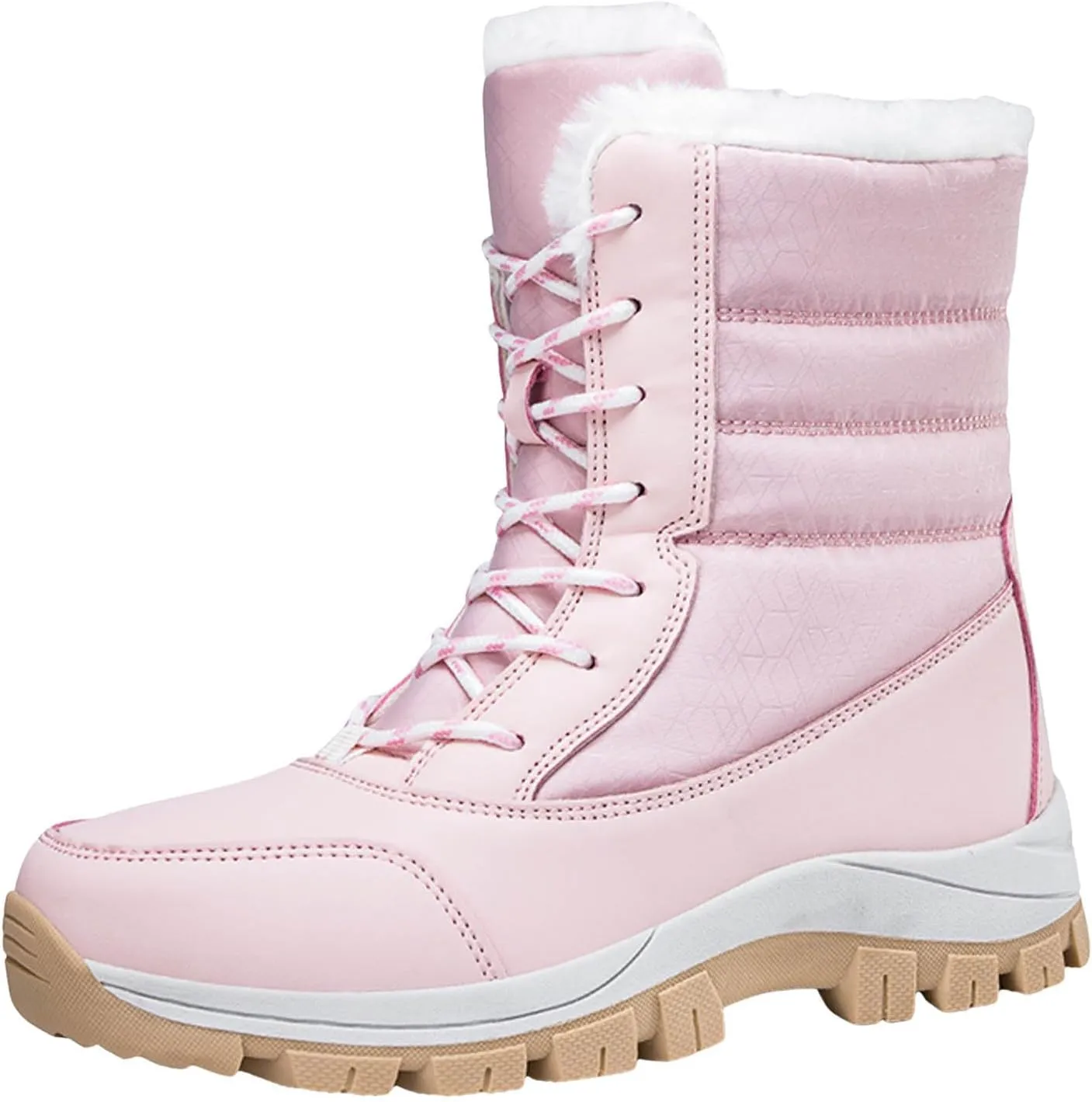 Snow Boots for Women Mid Calf Winter Boots Waterproof Fully Fur Lined Booties Slip on Fleece Ankle Boots Lace Up Ladies Lightweight Walking Hiking Boots