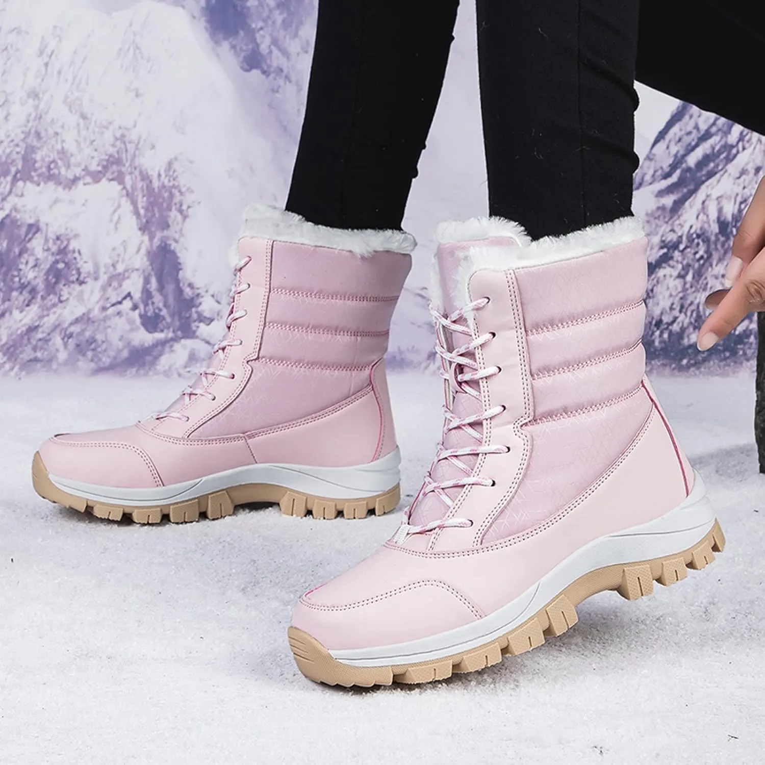 Snow Boots for Women Mid Calf Winter Boots Waterproof Fully Fur Lined Booties Slip on Fleece Ankle Boots Lace Up Ladies Lightweight Walking Hiking Boots