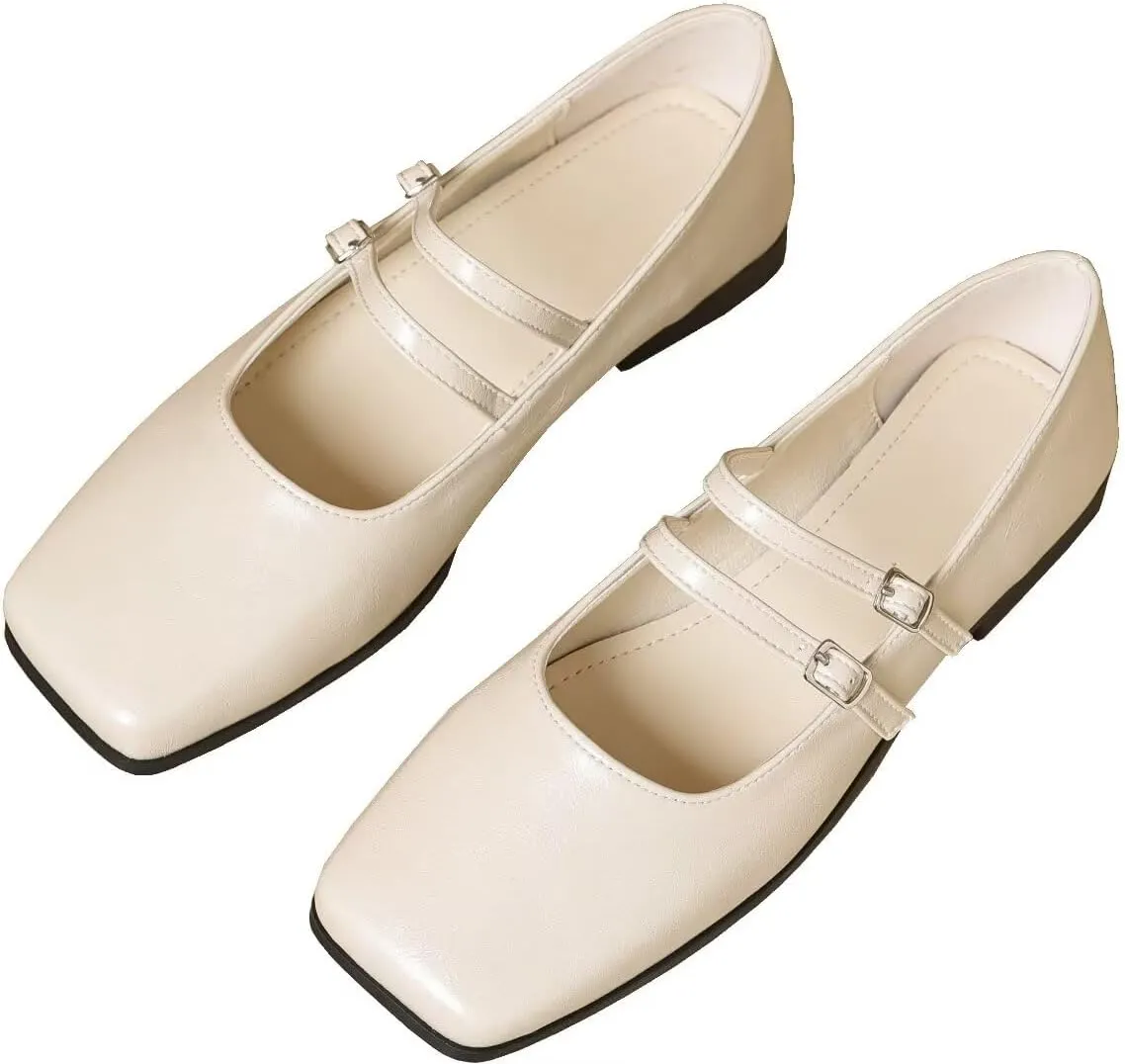 TN TANGNEST Women's Mary Jane Flats Fashion Square Toe Slip On Buckle Flats Soft Comfortable Casual Flat Shoes