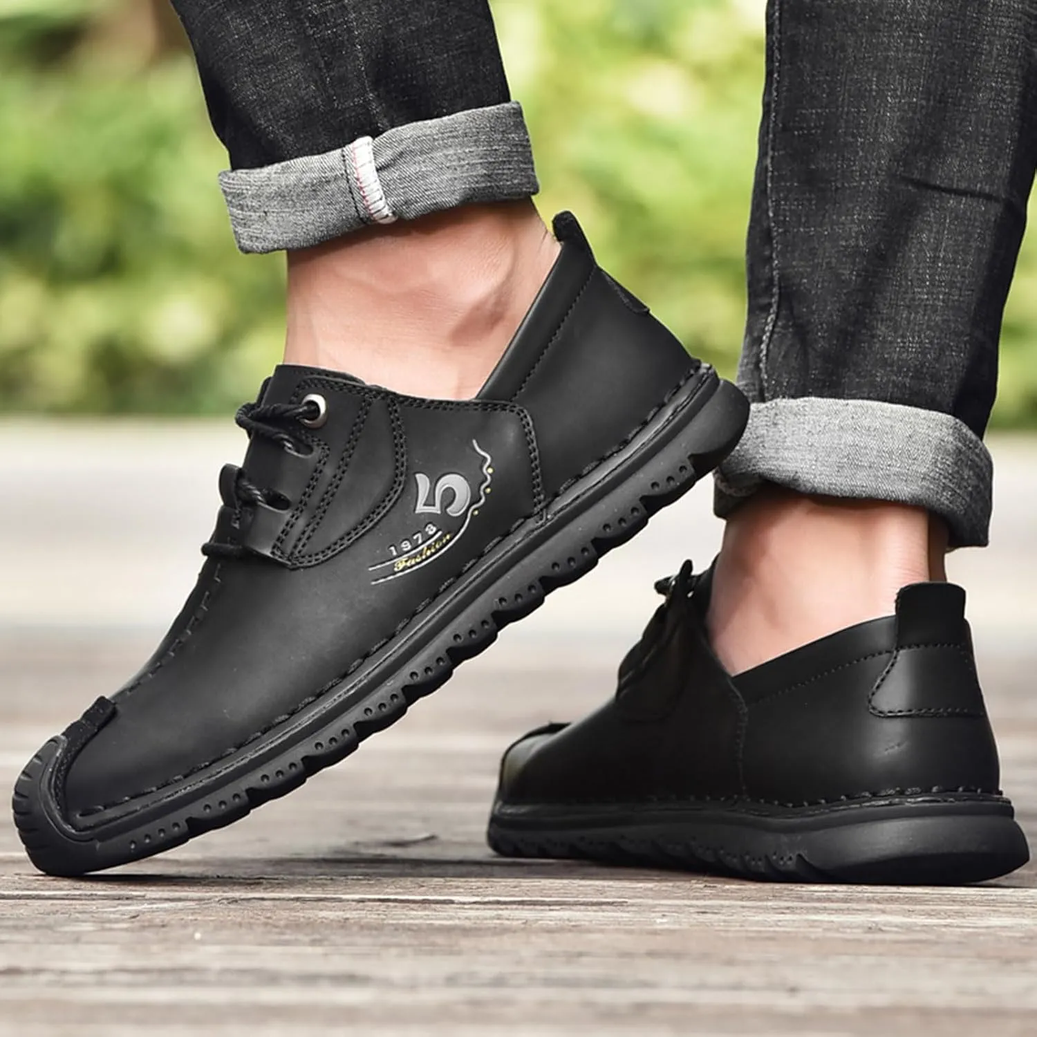 VOCECO Mens Casual Leather Loafers Lightweight Breathable Outdoor Walking Slip On Sneakers Walking Driving Shoes