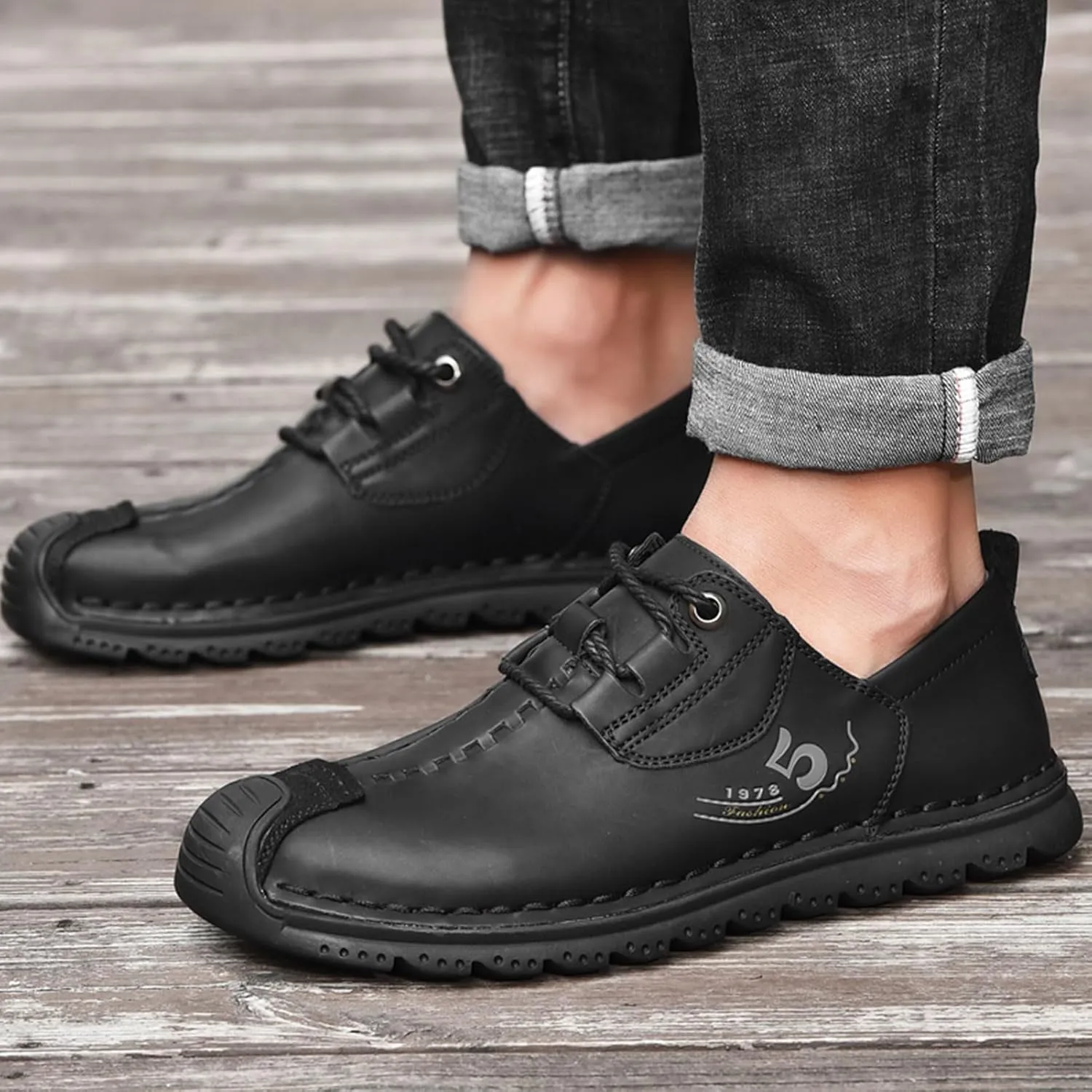 VOCECO Mens Casual Leather Loafers Lightweight Breathable Outdoor Walking Slip On Sneakers Walking Driving Shoes