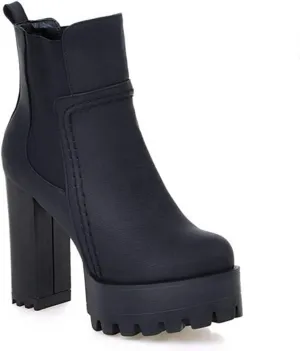Women's Platform High Heeled Ankle Booties Round Toe Chelsea Waterproof Slip On Elastic Dressy Short Boots