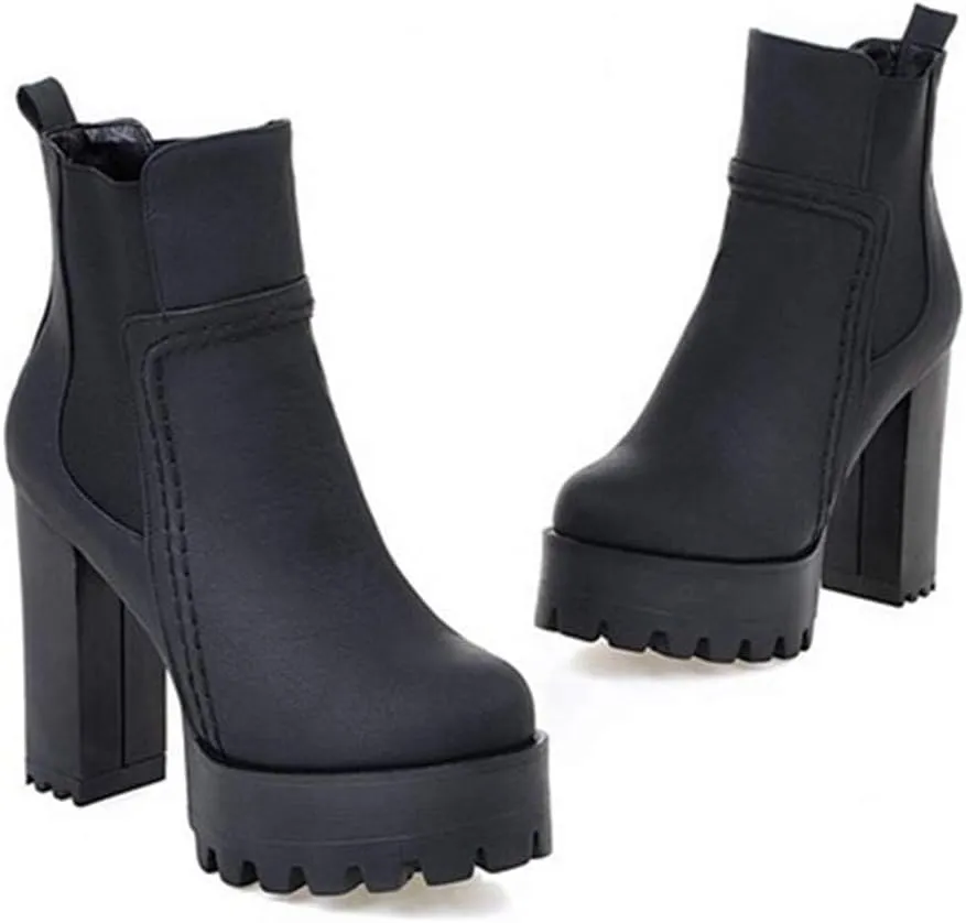 Women's Platform High Heeled Ankle Booties Round Toe Chelsea Waterproof Slip On Elastic Dressy Short Boots