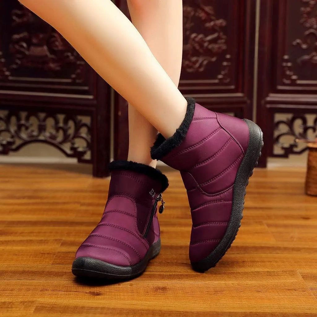Womens Snow Boots Warm Fur Lined Winter Boots Waterproof Ankle Boots Outdoor Booties Anti-Skid Comfortable Shoes for Women Round Toe Flat Boots Slip On Walking Hiking Shoes with Side Zipper