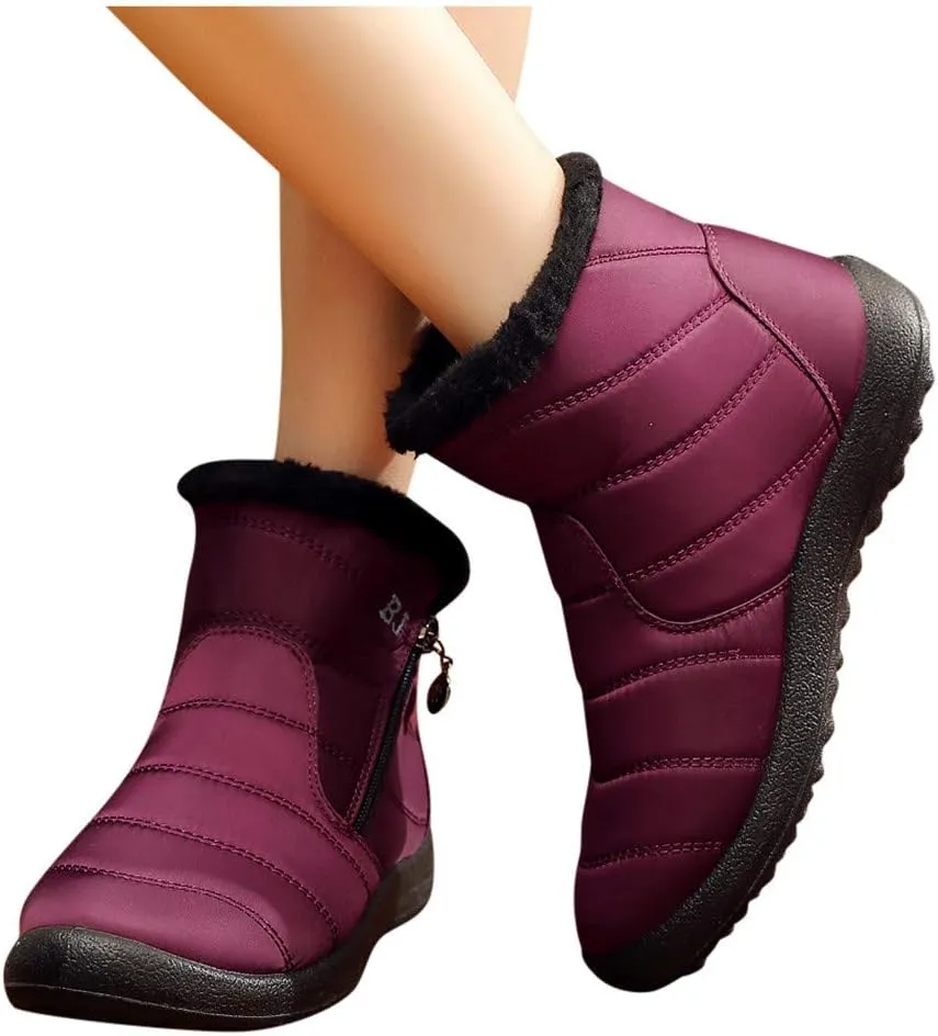 Womens Snow Boots Warm Fur Lined Winter Boots Waterproof Ankle Boots Outdoor Booties Anti-Skid Comfortable Shoes for Women Round Toe Flat Boots Slip On Walking Hiking Shoes with Side Zipper