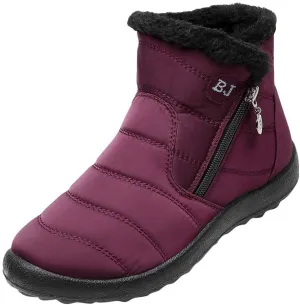 Womens Snow Boots Warm Fur Lined Winter Boots Waterproof Ankle Boots Outdoor Booties Anti-Skid Comfortable Shoes for Women Round Toe Flat Boots Slip On Walking Hiking Shoes with Side Zipper