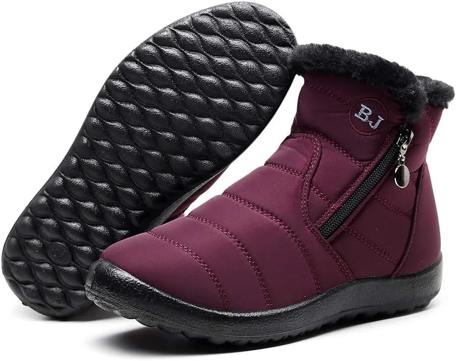 Womens Snow Boots Warm Fur Lined Winter Boots Waterproof Ankle Boots Outdoor Booties Anti-Skid Comfortable Shoes for Women Round Toe Flat Boots Slip On Walking Hiking Shoes with Side Zipper