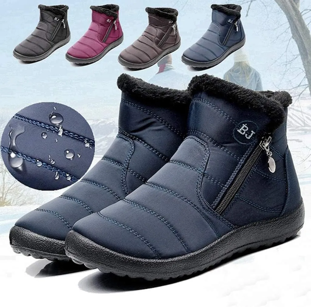 Womens Snow Boots Warm Fur Lined Winter Boots Waterproof Ankle Boots Outdoor Booties Anti-Skid Comfortable Shoes for Women Round Toe Flat Boots Slip On Walking Hiking Shoes with Side Zipper